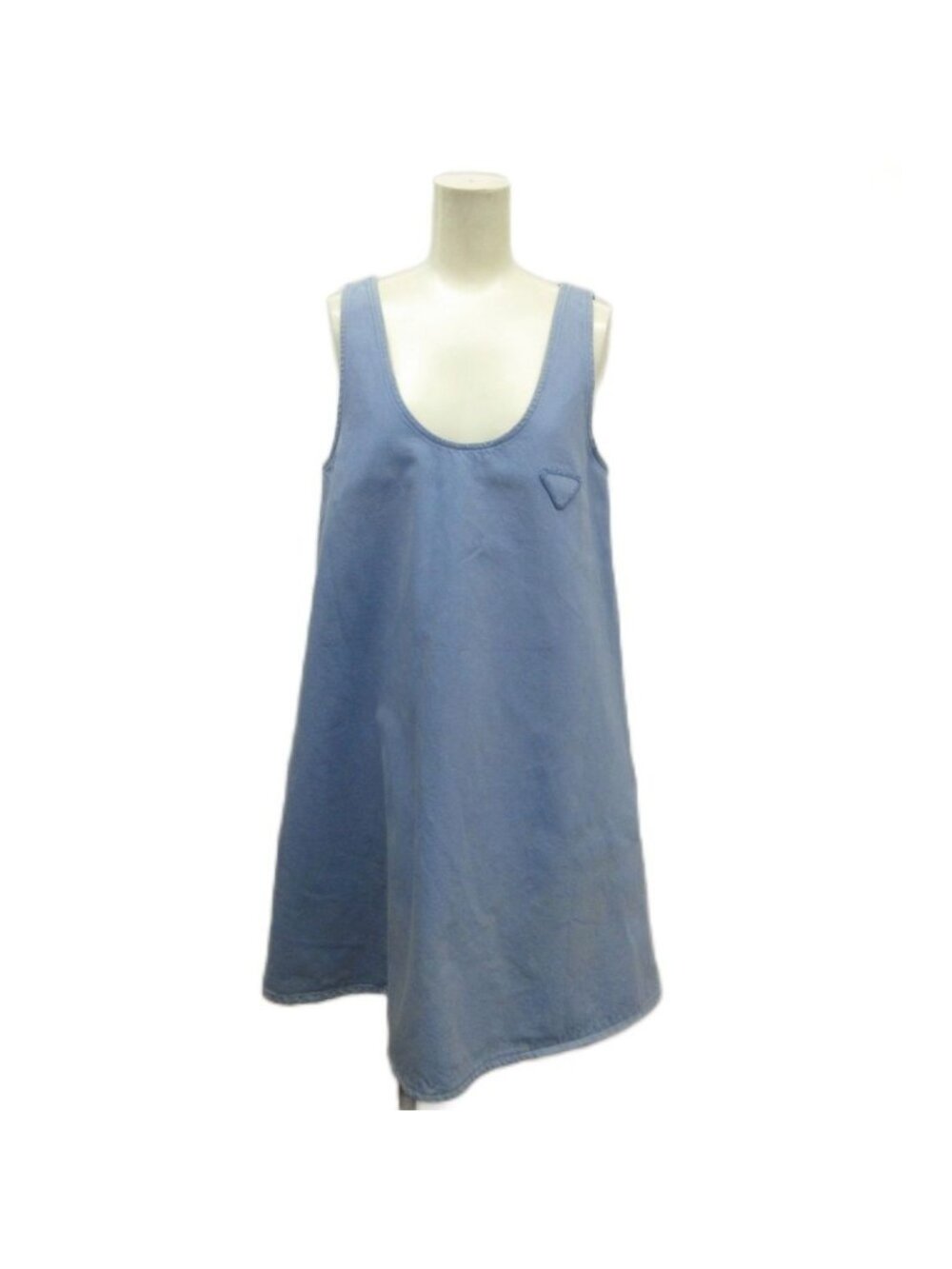 Prada A-Line Denim Mini Dress Sleeveless Tunic Knee-Length Triangle Logo Motif